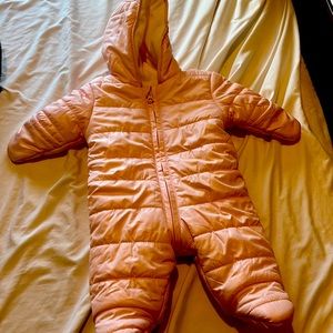 Old navy pink one piece footed and hooded puffer baby girl size 0-3m